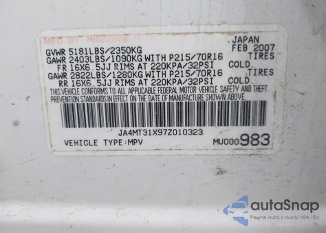 2007 Mitsubishi Outlander Ls from USA, damaged, VIN JA4MT31X97Z010323